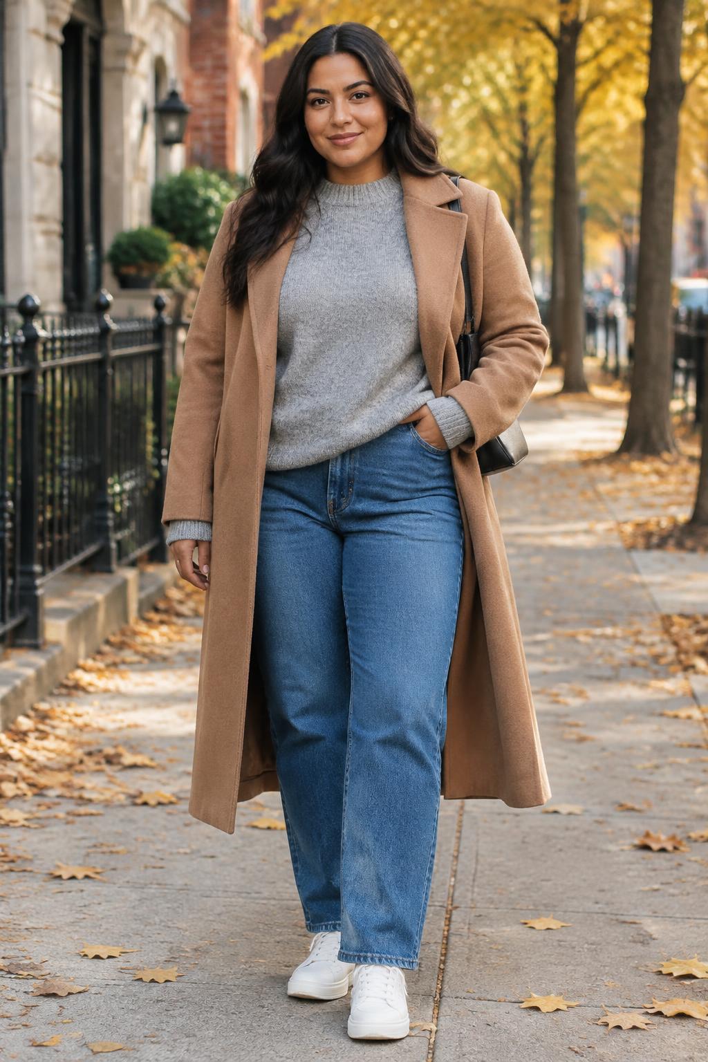 Long Camel Coat Over Denim
