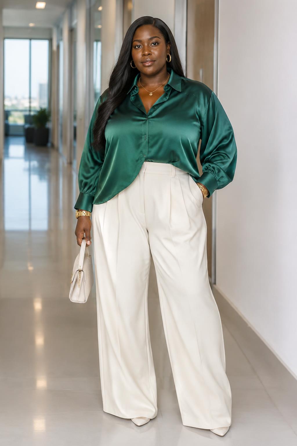 Silk Blouse and Pleated Trousers